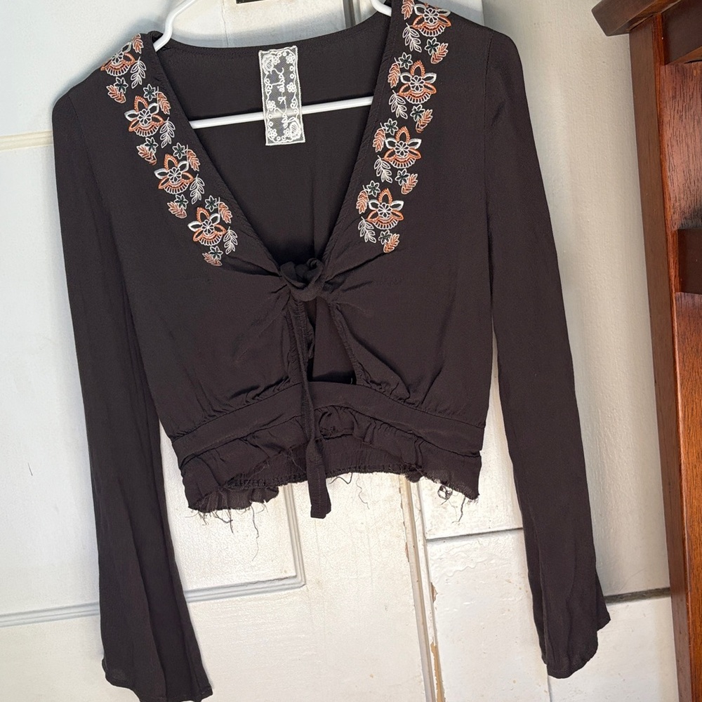 Embroidered Black Tie-Front Top
